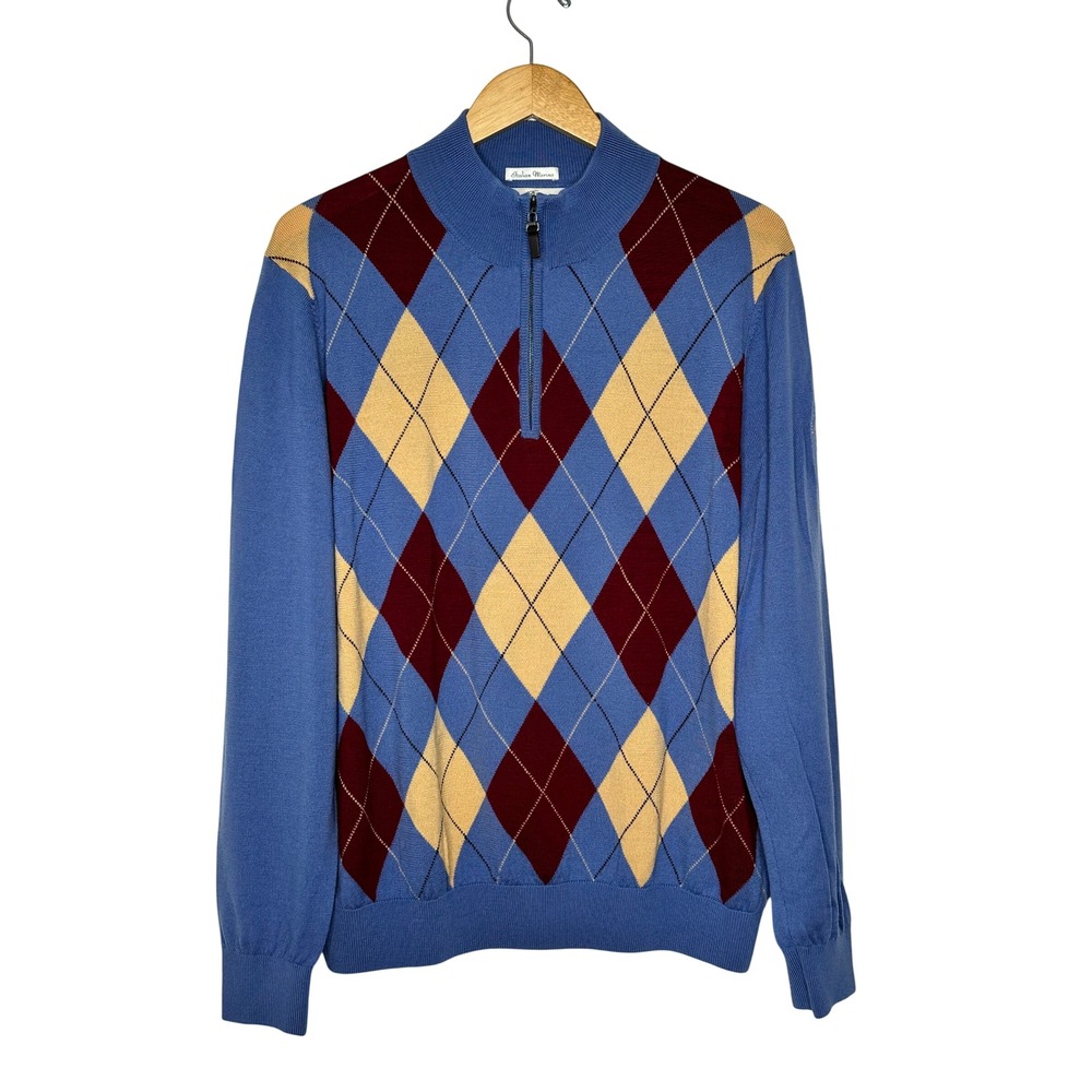 Fairway & Greene Sweater Argyle Italian Merino Wool Size M Quarter Zip Golf